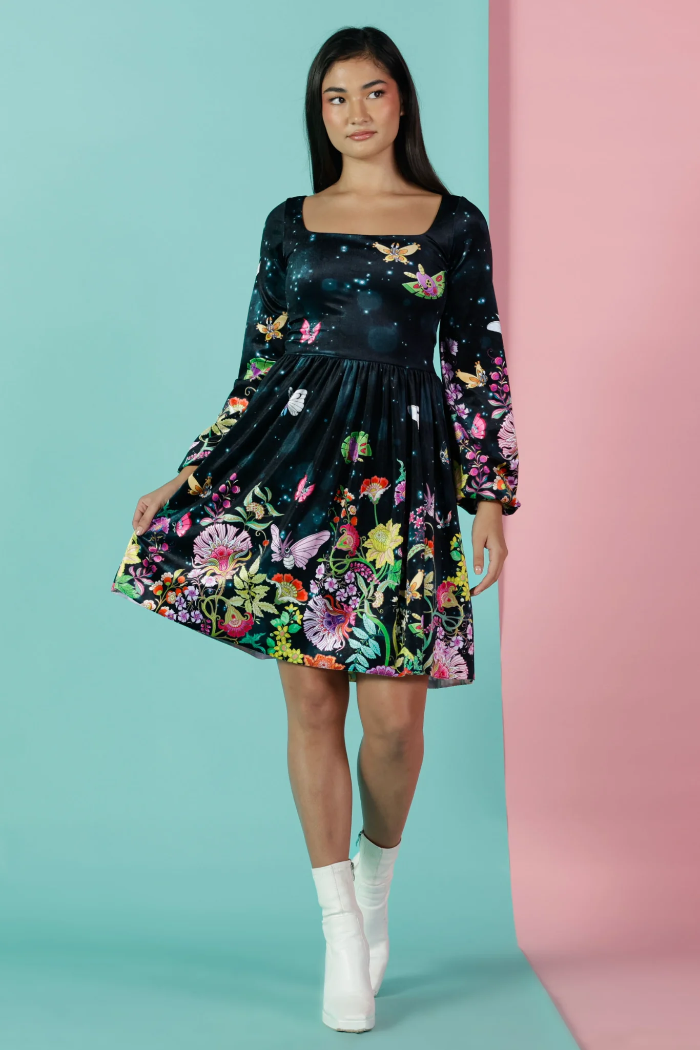 Butterfly Garden Velvet Squared Up Bishop Longline Dress