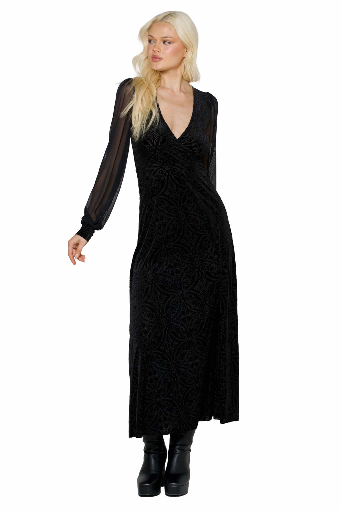 Black Burned Velvet Sheer Romance Maxi Dress
