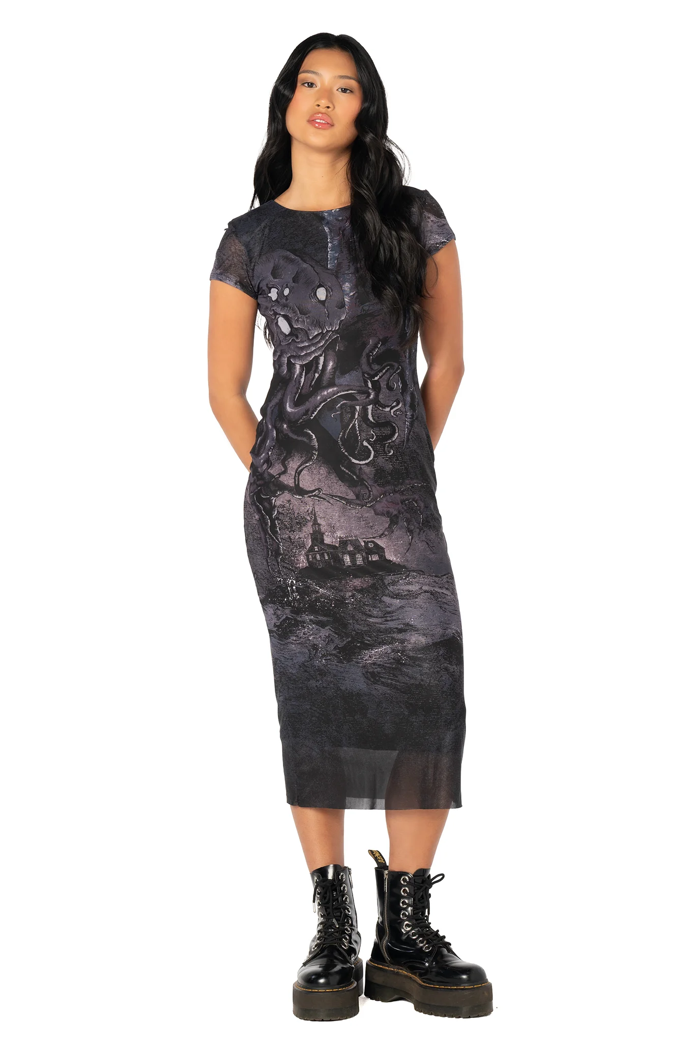 Great Old Ones Sheer Cap Sleeve Bodycon Dress
