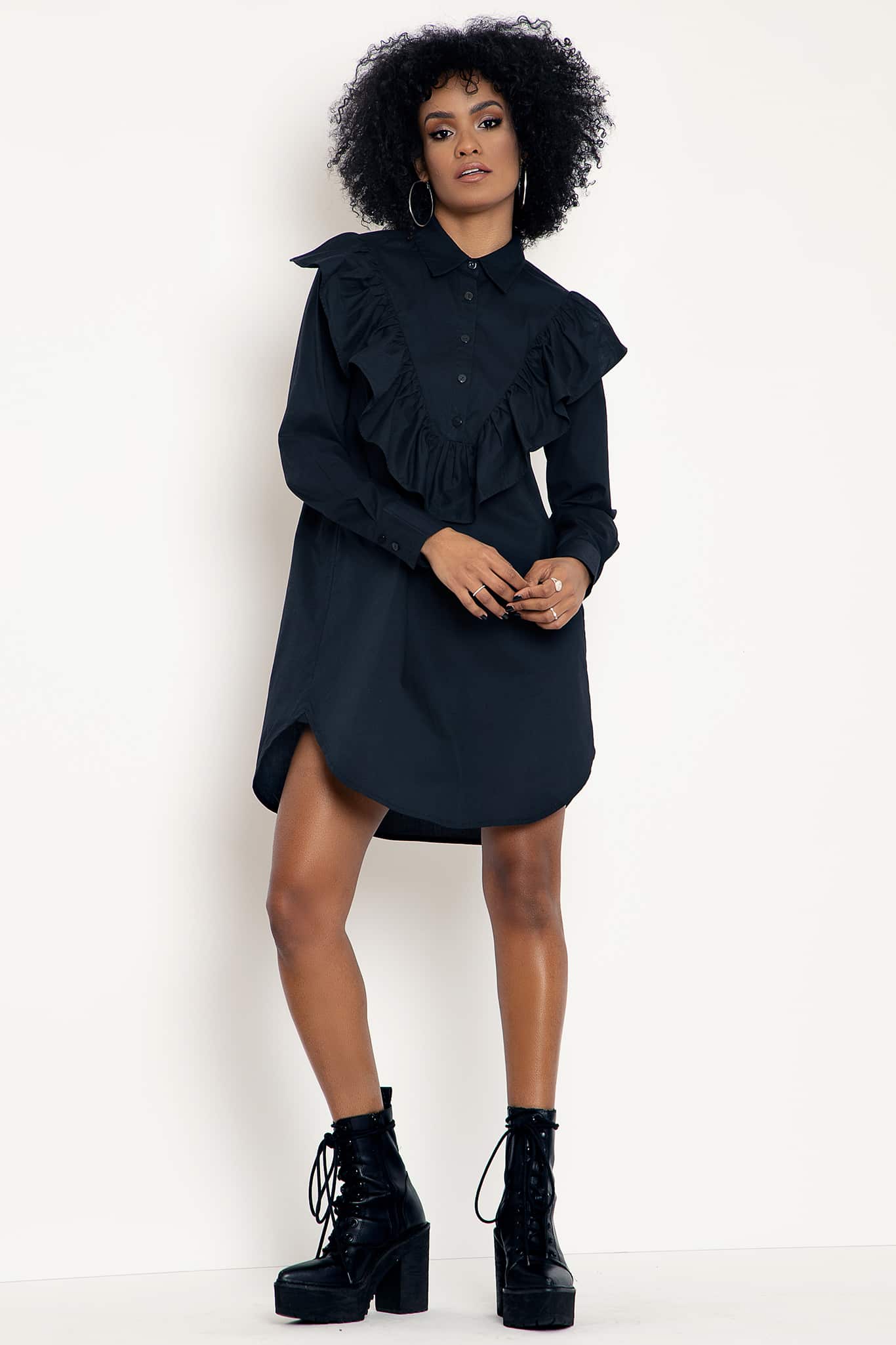 Midnight Frill Long Sleeve Shirt Dress - Image 5
