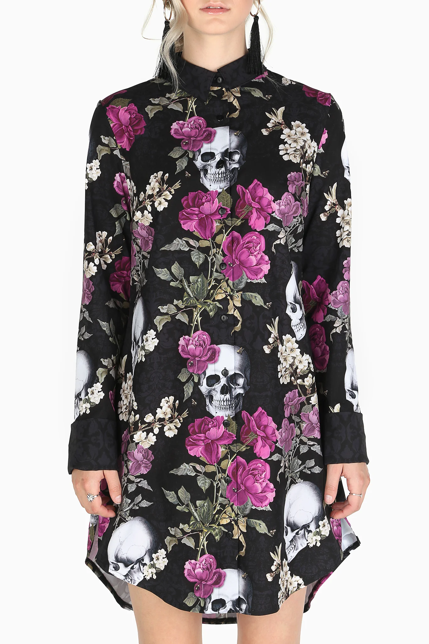 Skull Bouquet Long Sleeve Business Time Shirt Dress - Image 5