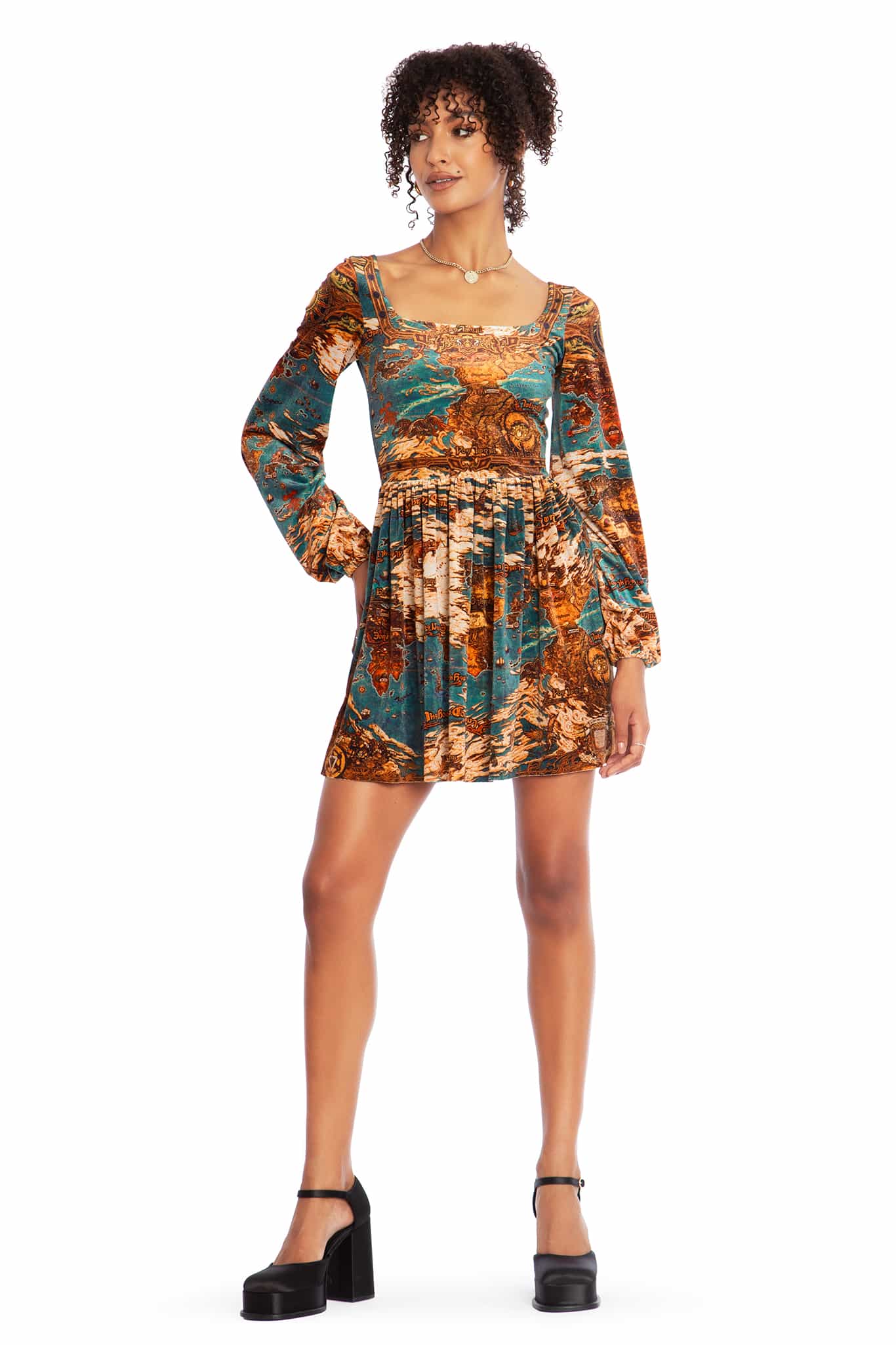 World Map Velvet Squared Up Bishop Skater Dress - Image 2